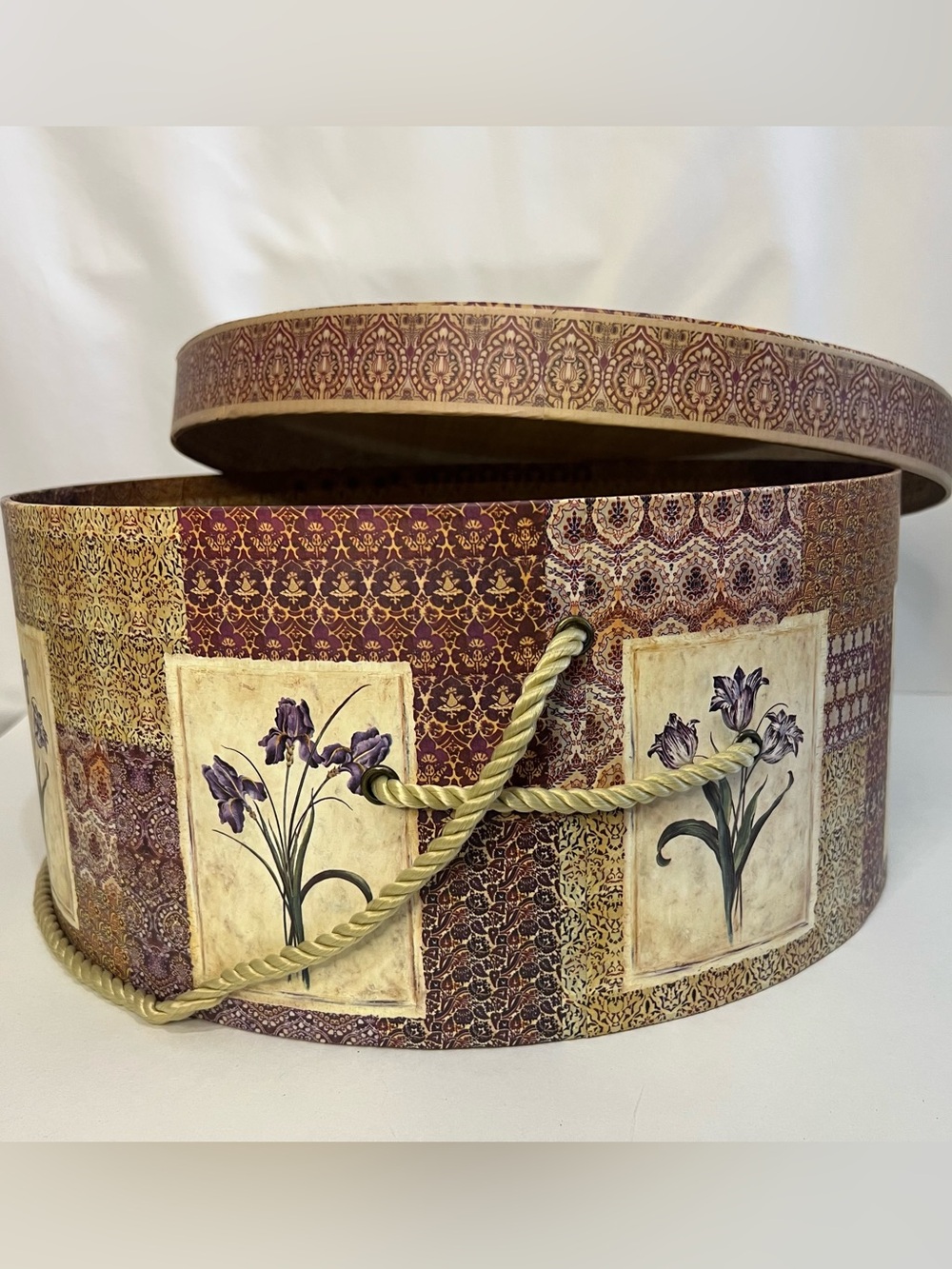 Vintage Once Upon A Rose Moroccan Tulips & Irises Hat Box Extra Large 16”d x 7”h